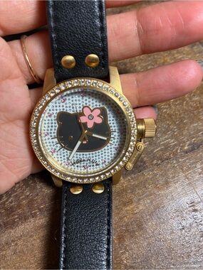 Gold Crystal Hello Kitty Style Face Watch with Black Leather Strap